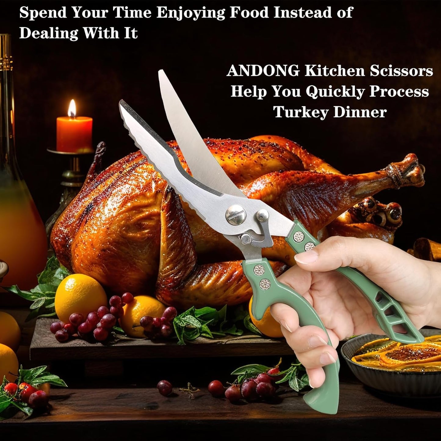 ANDONG Heavy Duty Poultry Shears, All-Purpose Kitchen Scissors for Food, Spatchcock Shears, Green
