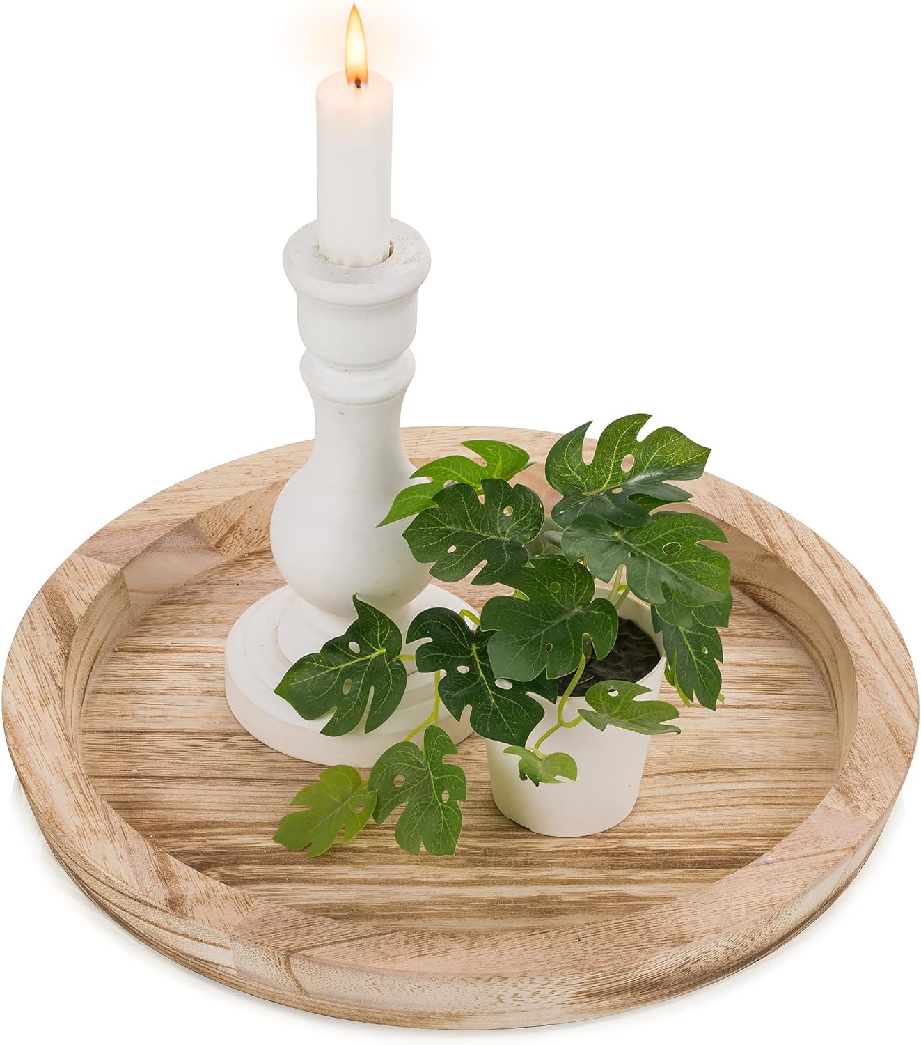 Hanobe Rustic Wooden Serving Tray: Round Wood Decorative Tray Rustic Centerpiece Candle Holder Trays Farmhouse Ottoman Tray for Decor Kitchen Counter Home Decor for Coffee Table
