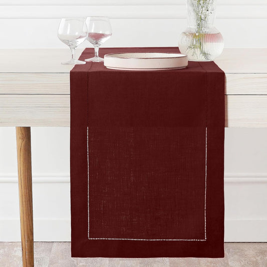 D'Moksha Homes Linen Dark Red Table Runner 72 Inches Long - 100% Pure Linen Hemstitch Table Runner 14 x 72 Inch for Dresser, Dining, Fall, Autumn and Halloween - Classic Hemstitch