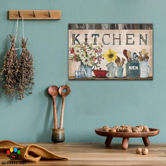 GUTTATY Farmhouse Wall Art Rustic Kitchen Decor, Ready to Hang Kitchen Canvas Print Sunflowers And Various Spoons,Retro Posters Prints for Dinning Room Home Kitchen Restaurant Painting 12×18 Inch