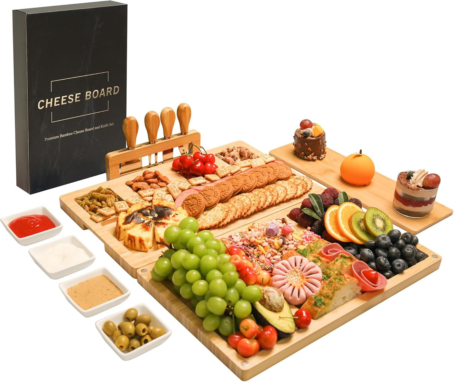 Charcuterie Board Cheese Tray Set with Stainless Steel Knives, Slates and Bowls. Gift for Housewarming, Wedding Couple, Bridal Shower (cb001)