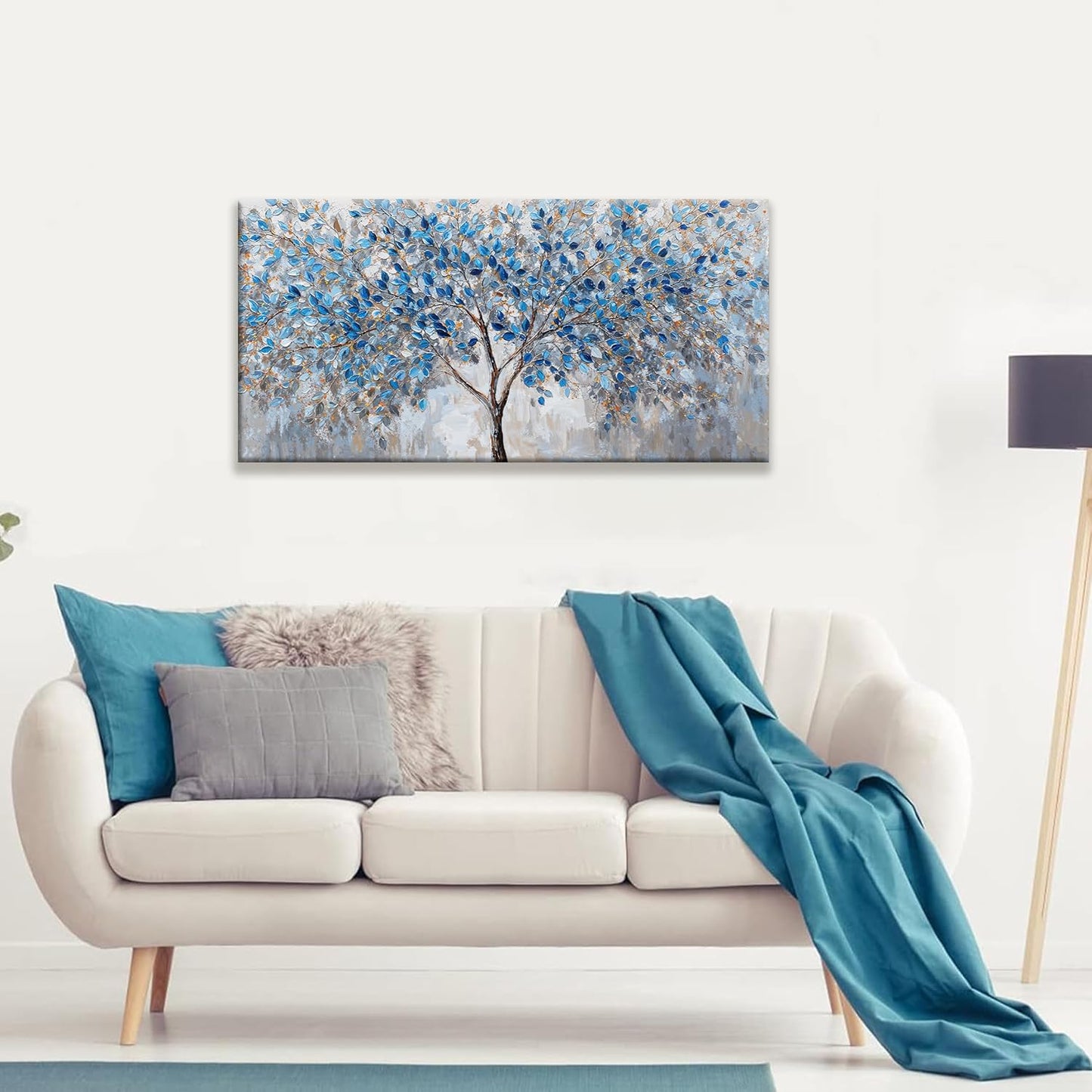 Blue White Tree Leaves Wall Art Decor Canvas Prints Ready To Hang Room Wall Decor Wall Pictures For Living Room Office Kitchen Bathroom Bedroom 20x40 Inch