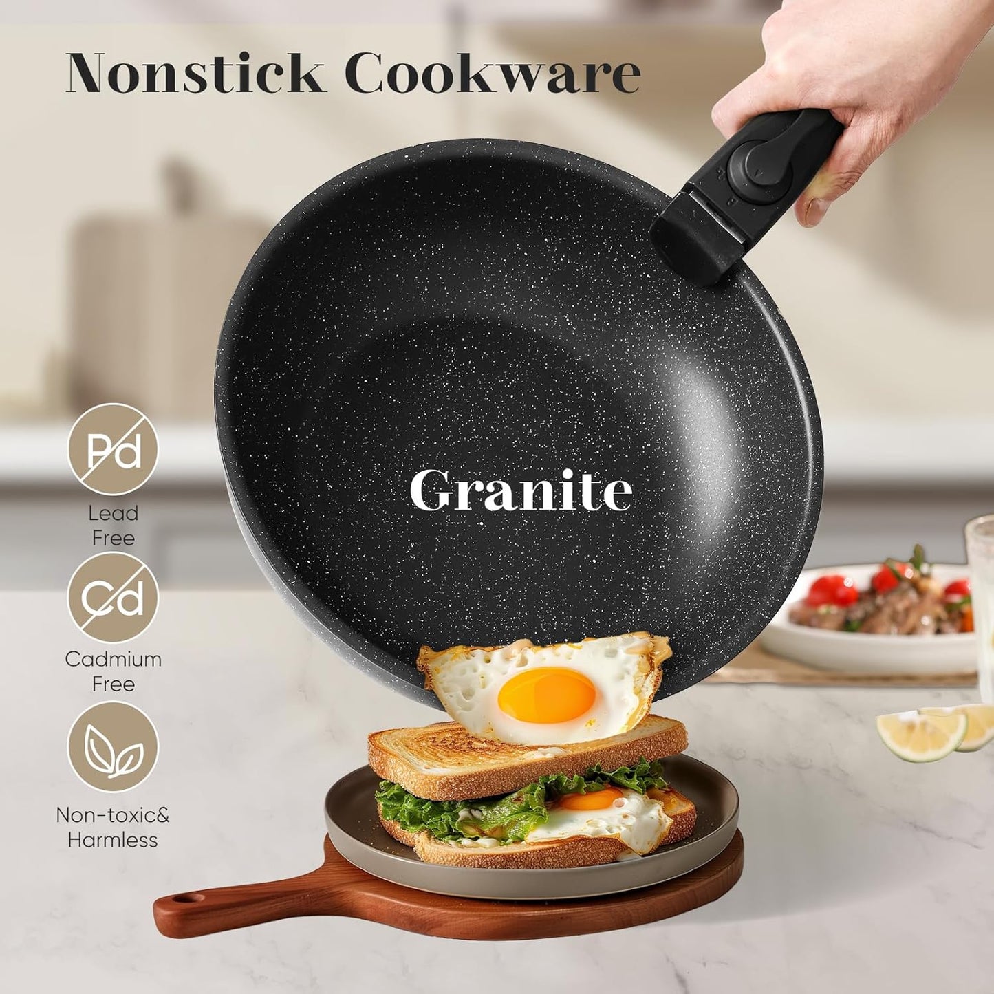 Sweetcrispy 12 pcs Pots and Pans Set, Nonstick Kitchen Induction Cookware Suit with Detachable Handle, Dishwasher Oven Safe, Pitch Black