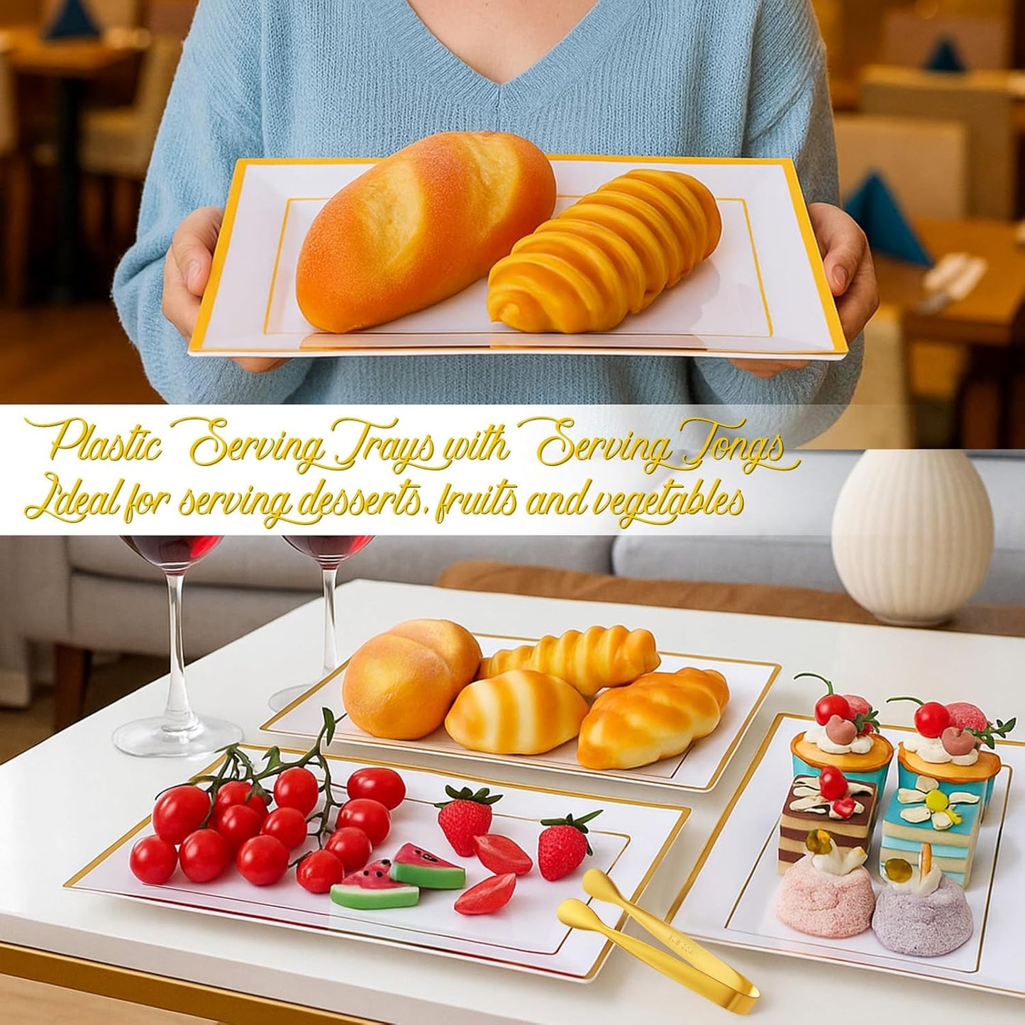 8 Sets Plastic Serving Trays, White & Gold Rim Party Serving Tray and Platter with 8 Serving Tongs, Disposable Dessert Trays for Fruit, Dessert, Cookies, Appetizers, Holiday Parties