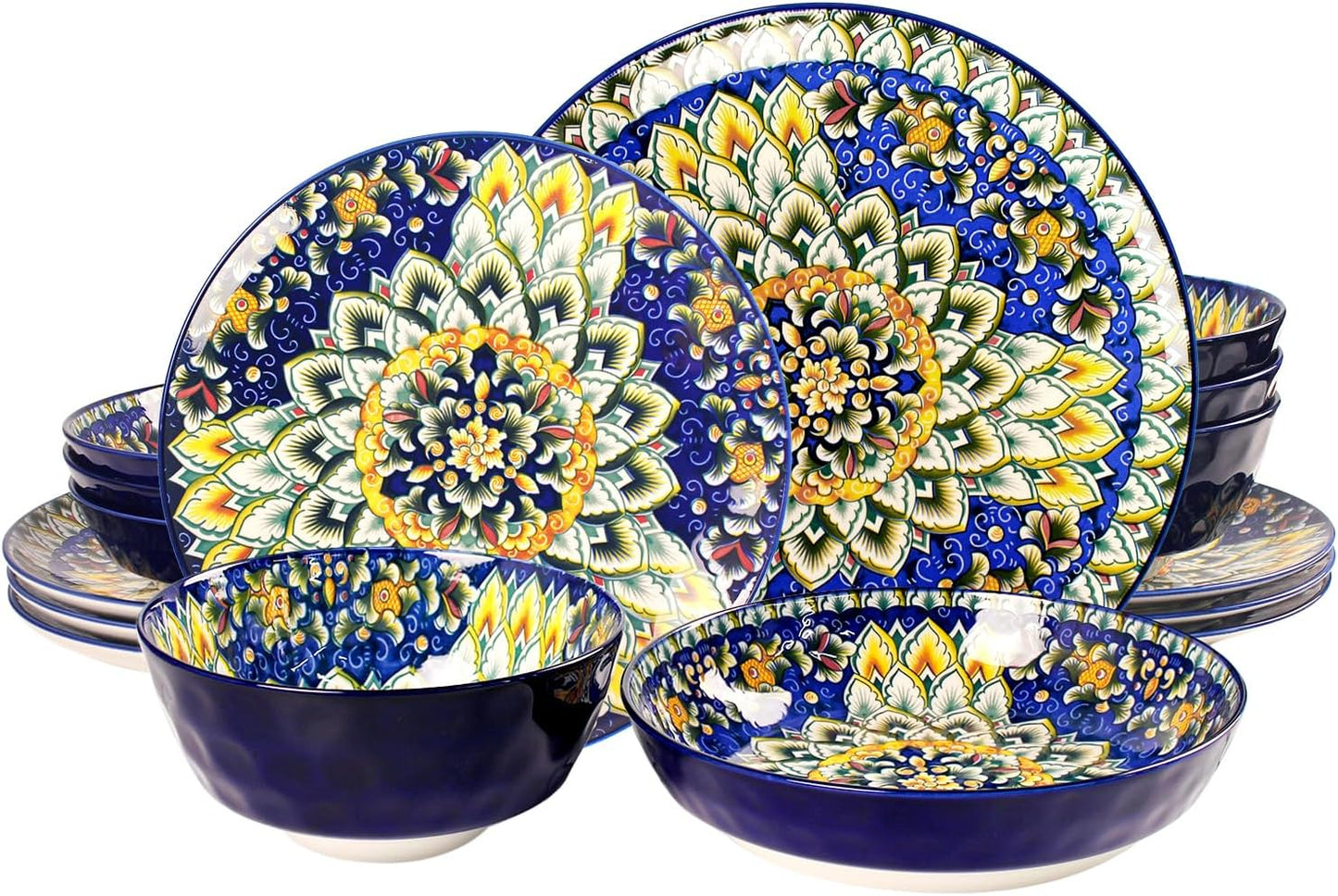 Mandala Dinnerware Sets, Plates and Bowls Set, Porcelain Dishes (16 Pieces) Service for 4, Zanzibar, Bohemian Style Dining Ware, for Kitchen and Dining Multicolor Dinnerware Set, Blue