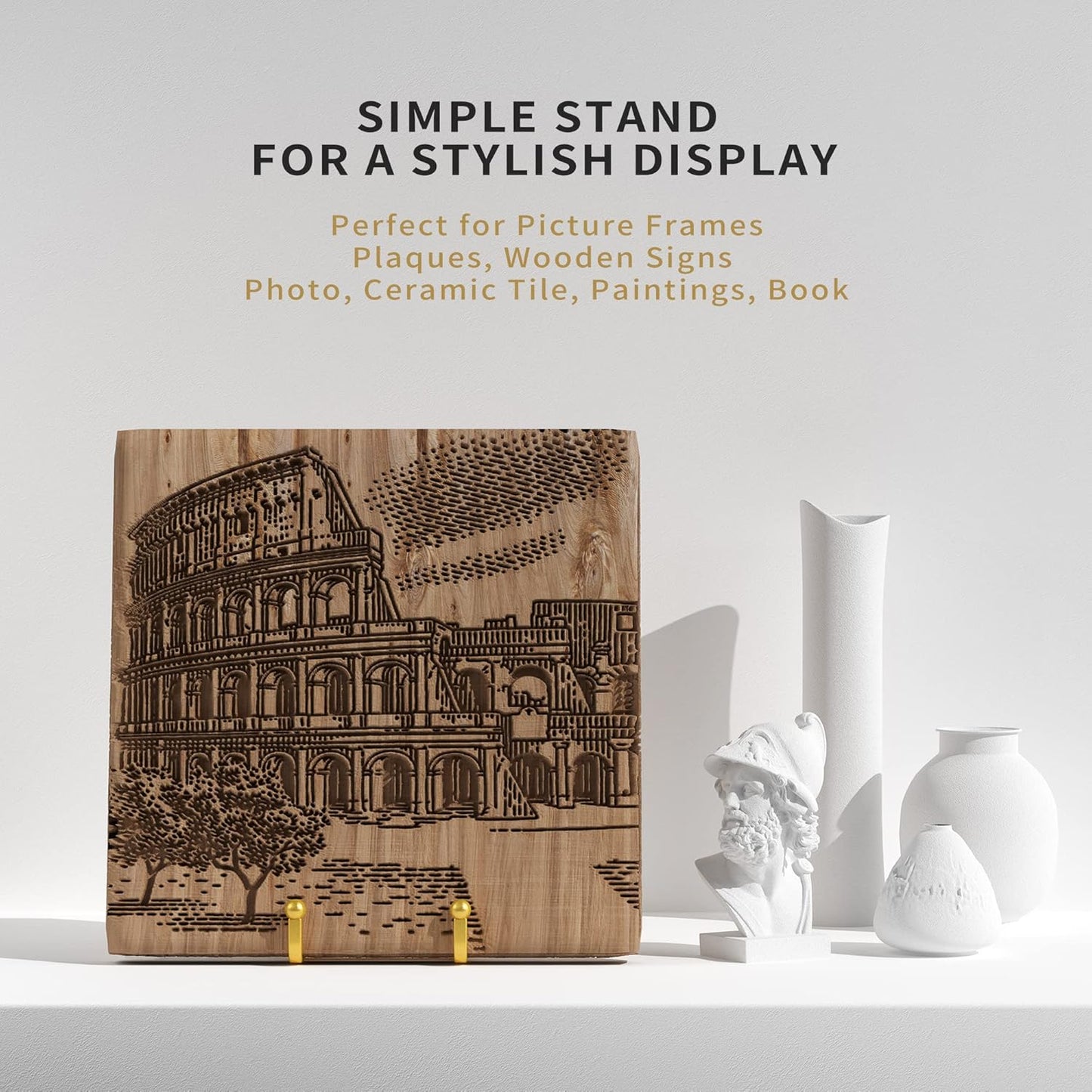 Metal Square Wire Plate Stands for Display - 4.5 Inch Holder + Picture Frame Stand Easel for Book, Decorative Plate, Plaque, Photo, Platter (Gold 2 Pack)