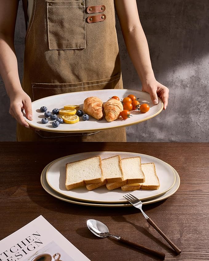 famiware Serving Platter, Oval 15.59/14.3/12.9 inch Serving Dishes for Entertaining, Serving Bowls, Microwave Safe, Stonware Serving Trays for Party, Turkey, Cheese, Ocean Series, Cappuccino White