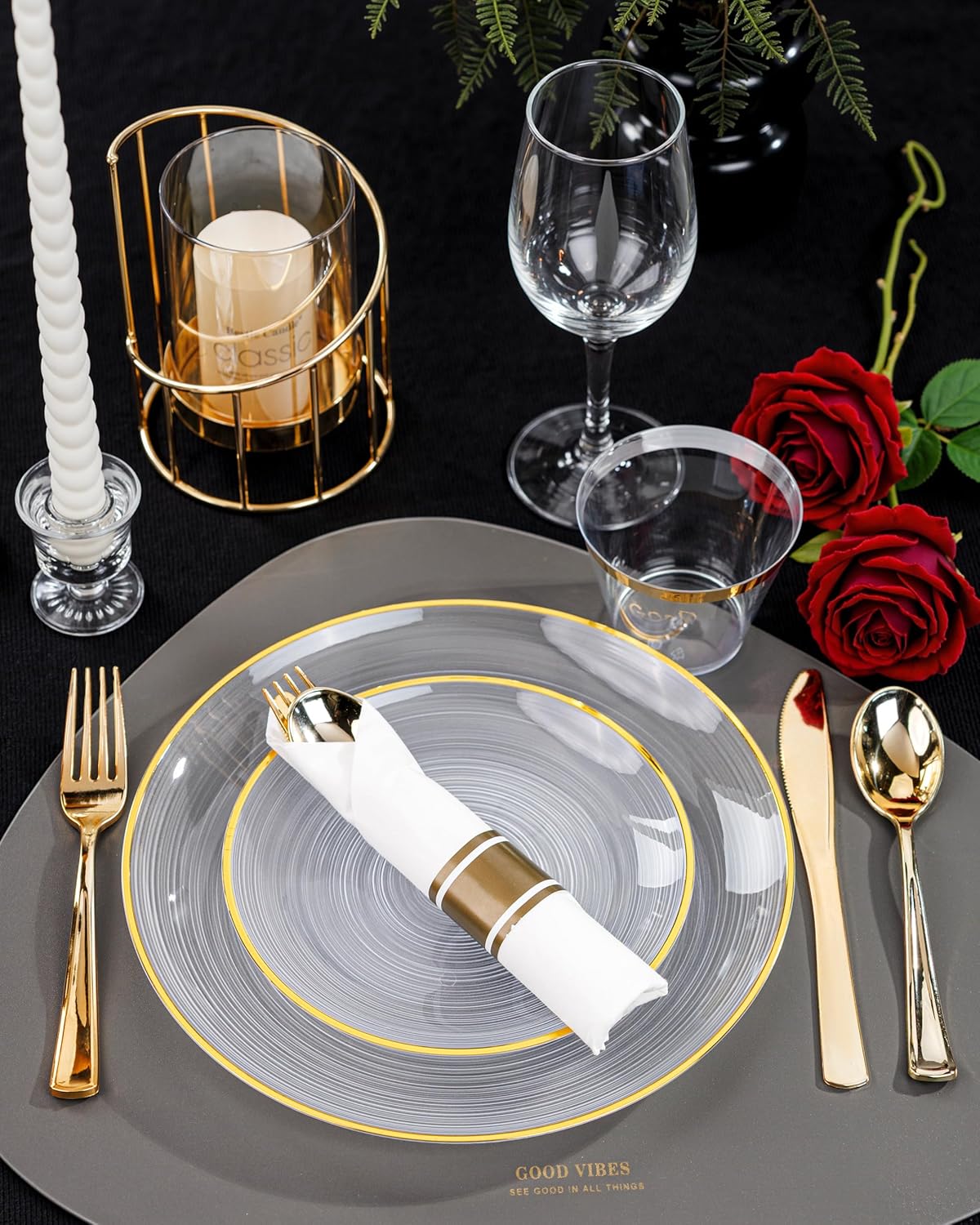 Morejoy 350PCS Clear Gold Plastic Plates - Disposable Gold Party Plates & Pre Rolled Napkins with Cutlery for 50 Guests, 100Plates, 150Silverware, 50Cups, 50Napkin for Party & Thanksgiving