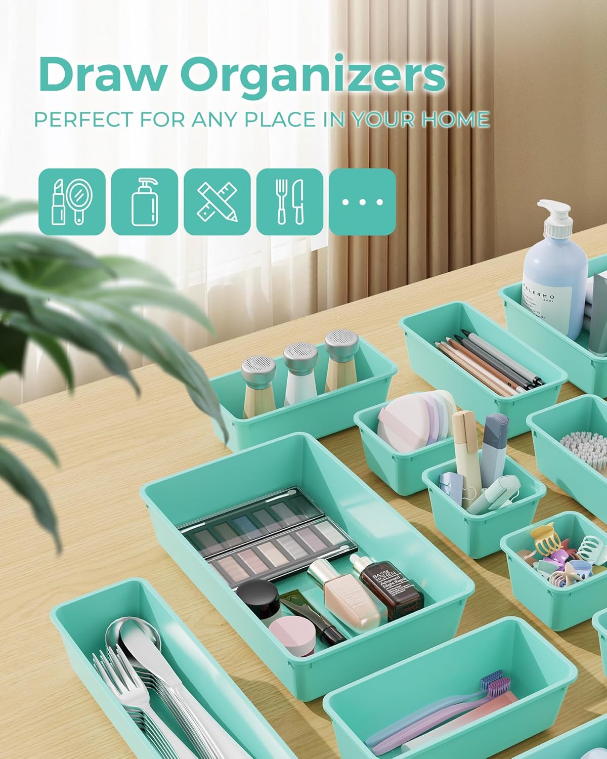 25 PCS Plastic Drawer Organizers Set, 4-Sizes Vanity and Makeup Organizer, Desk and bathroom Drawer Organizer Trays, Organizers and Storage for Makeup, Jewelry, Gadgets, Utensils (Blue)