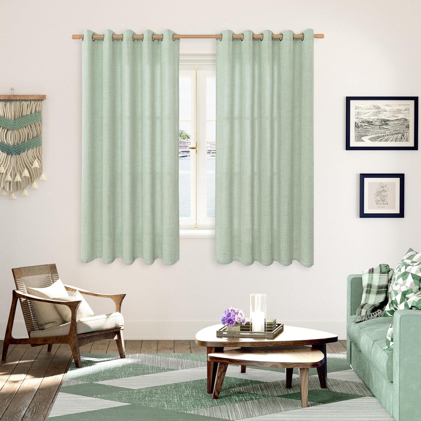 YoungsTex Sage Linen Curtains for Window 63 Inch Length with Bronze Grommet, Privacy Light Filtering Textured Drapes for Bedroom Living Room Office Country Rustic Decorative, 60 x 63 Inch, 2 Panels