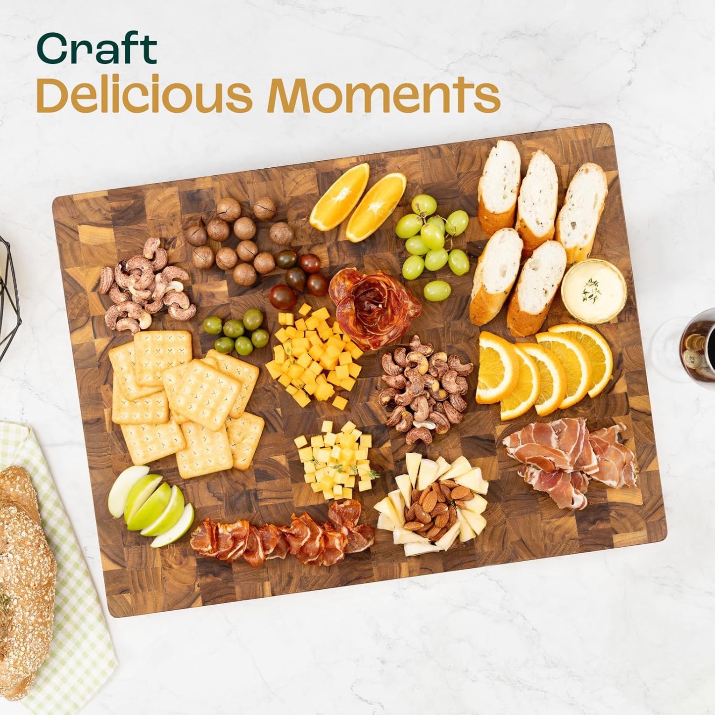 Yes4All Durable Teak Cutting Boards for Kitchen, [24''Lx18''Wx1.5” Thick] Extra Large End Grain Cutting Board, Pre Oiled Wood Cutting Boards, Thick Chopping Board w/Juice Grooves and Easy Grip Handle