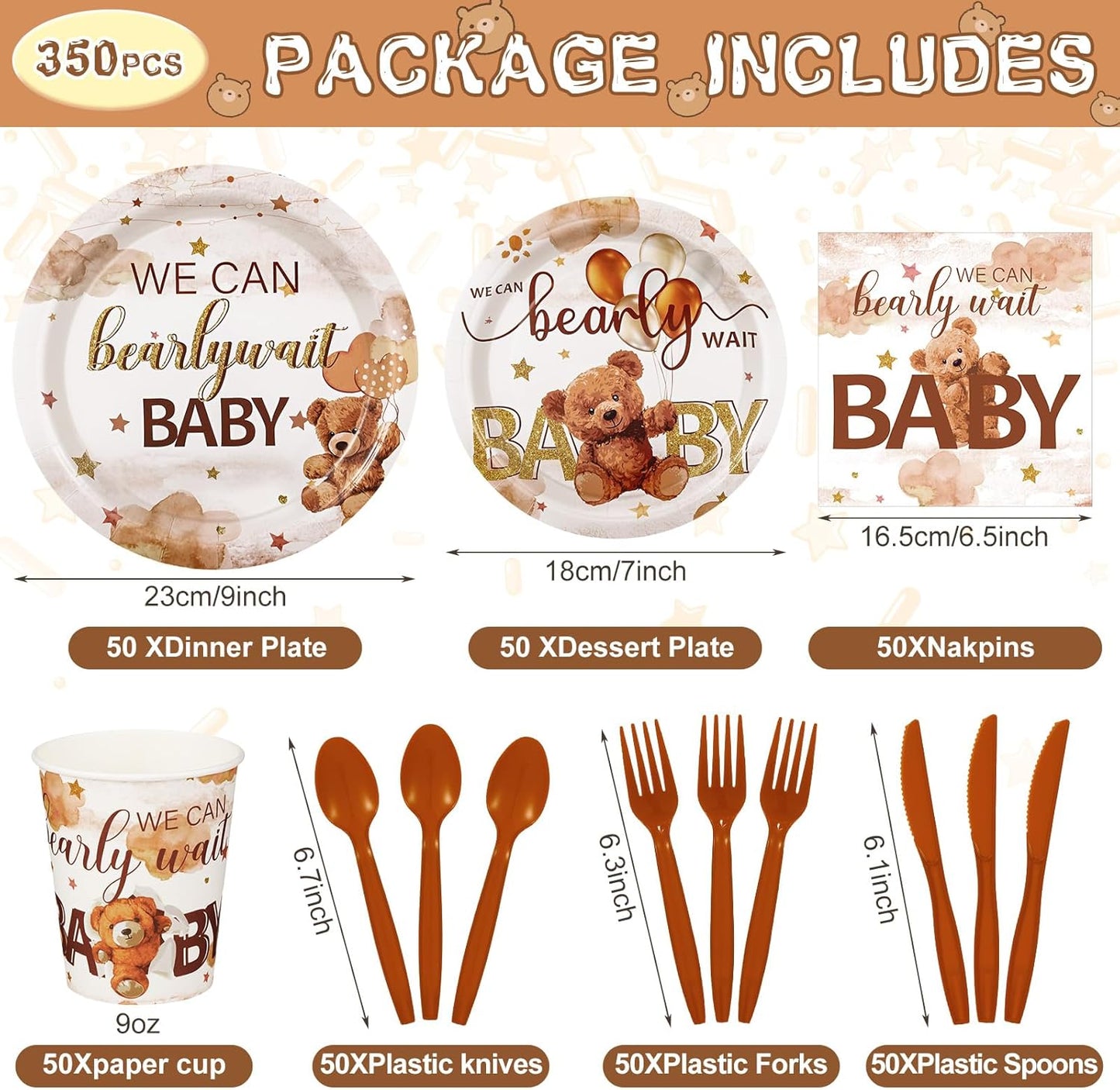 Dandat 350 Pcs Baby Shower Plates Set Baby Shower Party Supplies Serves 50 Tableware Sets Include Plates Napkin Cup Forks Knives Spoons Disposable Dinnerware(Bear,Brown)