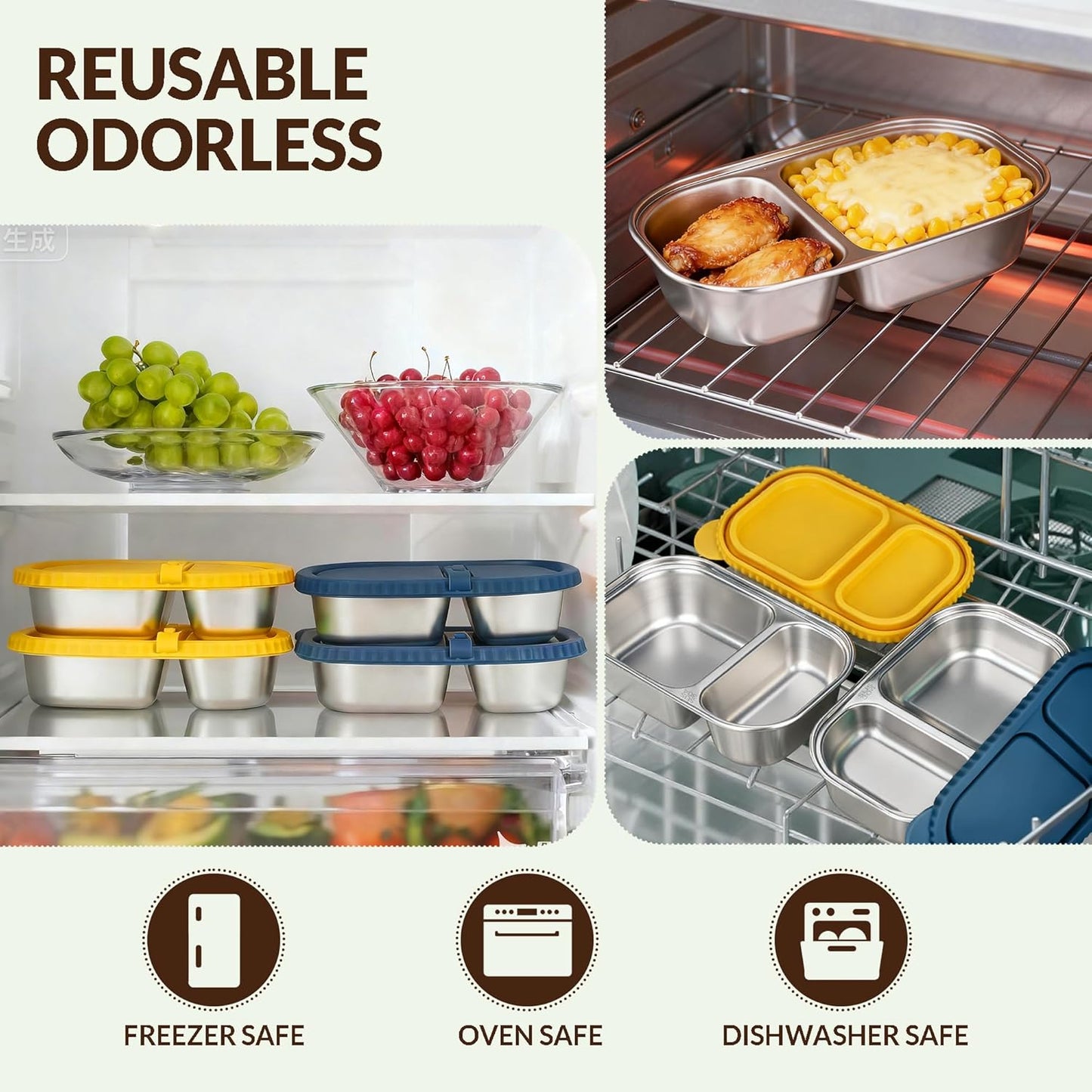 HI-REEKE 13 OZ Stainless Steel Snack Containers with Lids, 2 PCS Reusable Double Compartments Metal Snack Packs for Sauce