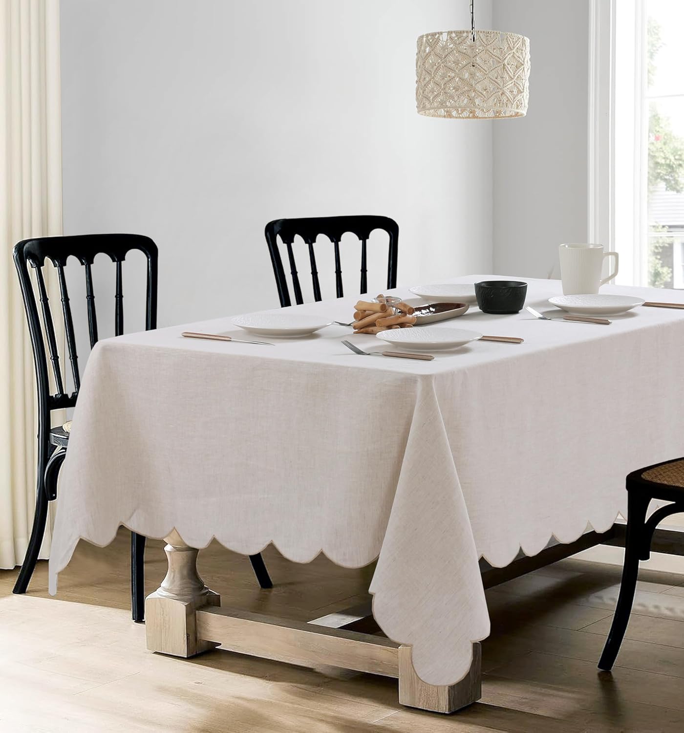 100% French Flax Linen Tablecloths Scalloped Embroidery Rectangle 84Lx60W Inch for Dinners, Parties, Spring, Easter, Machine Washable, 6-8 Sets, Linen(Edges-Gold)