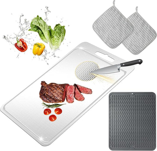 Titanium Cutting Board-Pure Titanium Cutting Boards For Kitchen，Double-Sided Metal Cutting Board with Juice Groove, Separates Meat and Vegetables, Dishwasher Safe (Pattern 14×10 Inch)