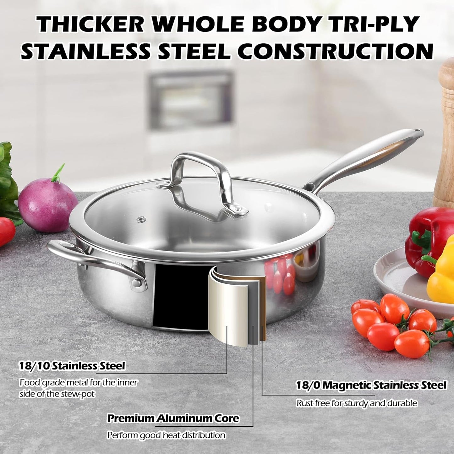 E-far 10 Inch Tri-Ply Stainless Steel Saute Pan, 4.5 Quart Deep Frying Pan with Lid, Kitchen Skillet, Healthy Non-toxic Cooking Pan for Induction Ceramic Gas Stoves, Heavy Duty, Oven & Dishwasher Safe