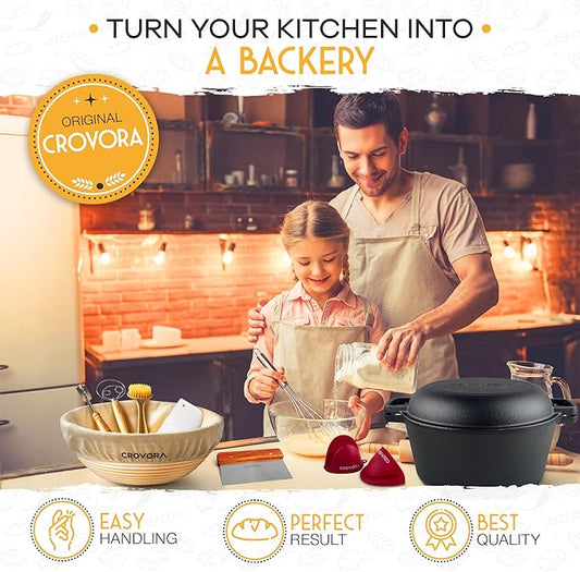 Pre-Seasoned Cast Iron Dutch Oven for Bread Baking with Skillet Lid - Incl. Sourdough Bread Baking Supplies like Banneton Bread Proofing Basket, 5QT Cast Iron Bread Pan, Bread Oven