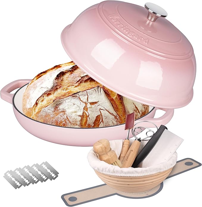 Enameled Cast Iron Dutch Oven Pot with Lid, Bread Oven for Sourdough Bread Baking, Dutch Ovens with Bread Proofing Basket& Baking Supplies Set, 6 Quart, Pink