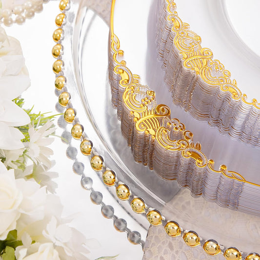 Hioasis 210pcs Clear and Gold Plastic Plates - Elegant Disposable Dinnerware Set Suitable for 30 Guests Include 10.25" Dinner & 7.5" Dessert Plates, Pre Rolled Silverware Set, Cups for Party & Wedding