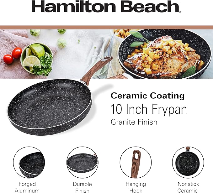 Hamilton Beach Fry Pan 10-Inch, Nonstick with Marble Coating, Wood like Soft Touch Handle, Non-Stick Granite Fry Pan Egg Pan Omelet Pans, Stone Cookware Chef's Pan, PFOA Free Induction Bottom