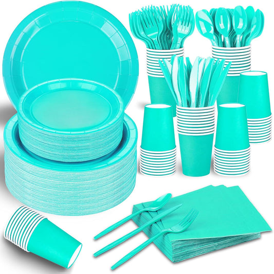 TWOWYHI 228PCS Teal Blue Party Supplies Set Include Paper Plates Cups Teal Blue Napkins Plastic Spoons Forks Knives for 30 Guests Disposable Party Dinnerware for Birthday Wedding Family Picnic