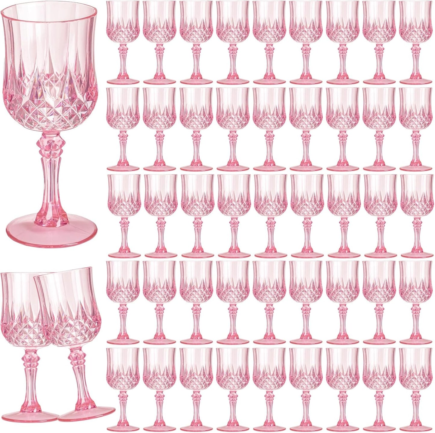7OZ Plastic Wine Glasses, 48Pcs Pink Reusable Drinking Cups Vintage Champagne Flutes, Plastic Crystal Water Goblets for Parties Stemmed Shatterproof Drinking Glasses for Wedding, Toasting Party