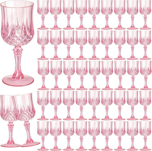 7OZ Plastic Wine Glasses, 48Pcs Pink Reusable Drinking Cups Vintage Champagne Flutes, Plastic Crystal Water Goblets for Parties Stemmed Shatterproof Drinking Glasses for Wedding, Toasting Party
