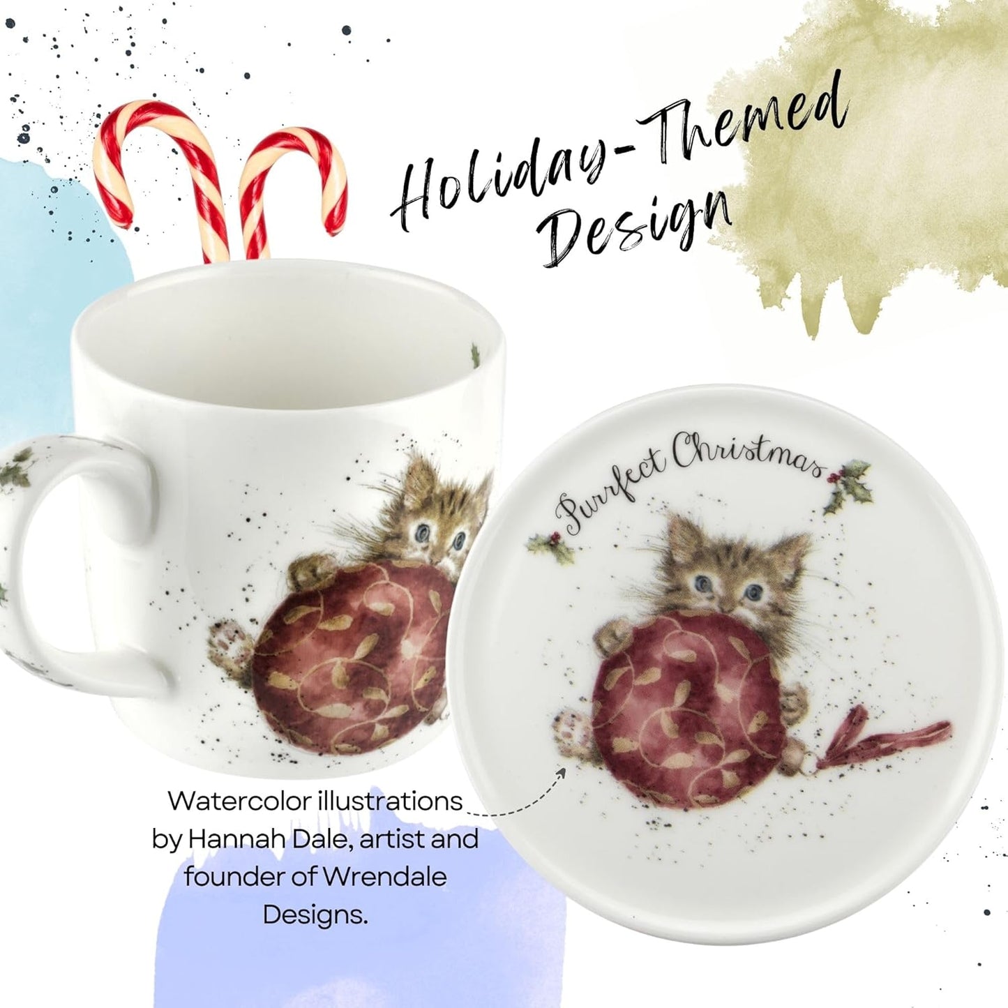 Royal Worcester Purrfect Christmas Mug & Coaster Set - 11 oz Fine Bone China Holiday Mug Set with Woodland Creatures - Wrendale Designs Christmas Coffee Mugs, Microwave & Dishwasher Safe