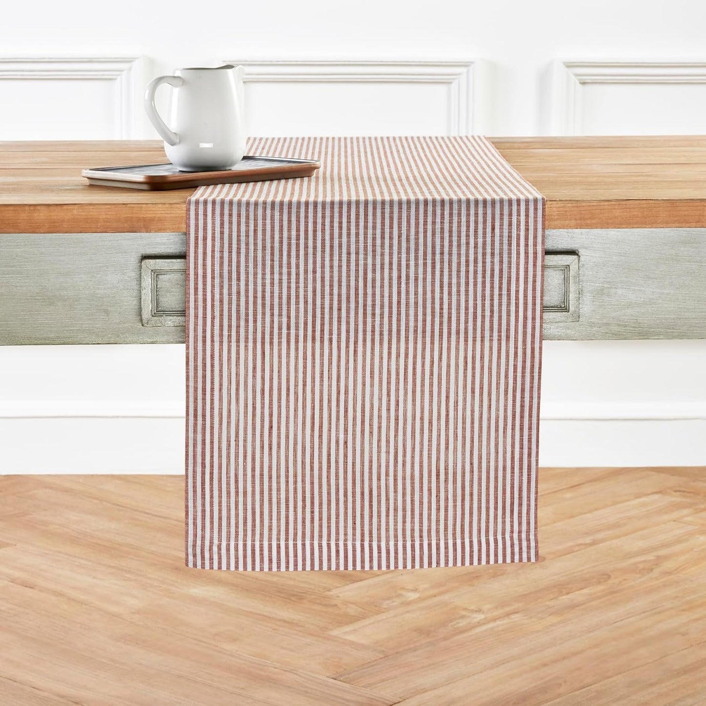 Solino Home Linen Striped Table Runner 36 Inches - Narrow Stripe, 100% Pure Linen Cinnamon and White Small Table Runner 14 x 36 Inch Ideal for Dresser and Coffee Tables - Fall, Halloween, Thanksgiving