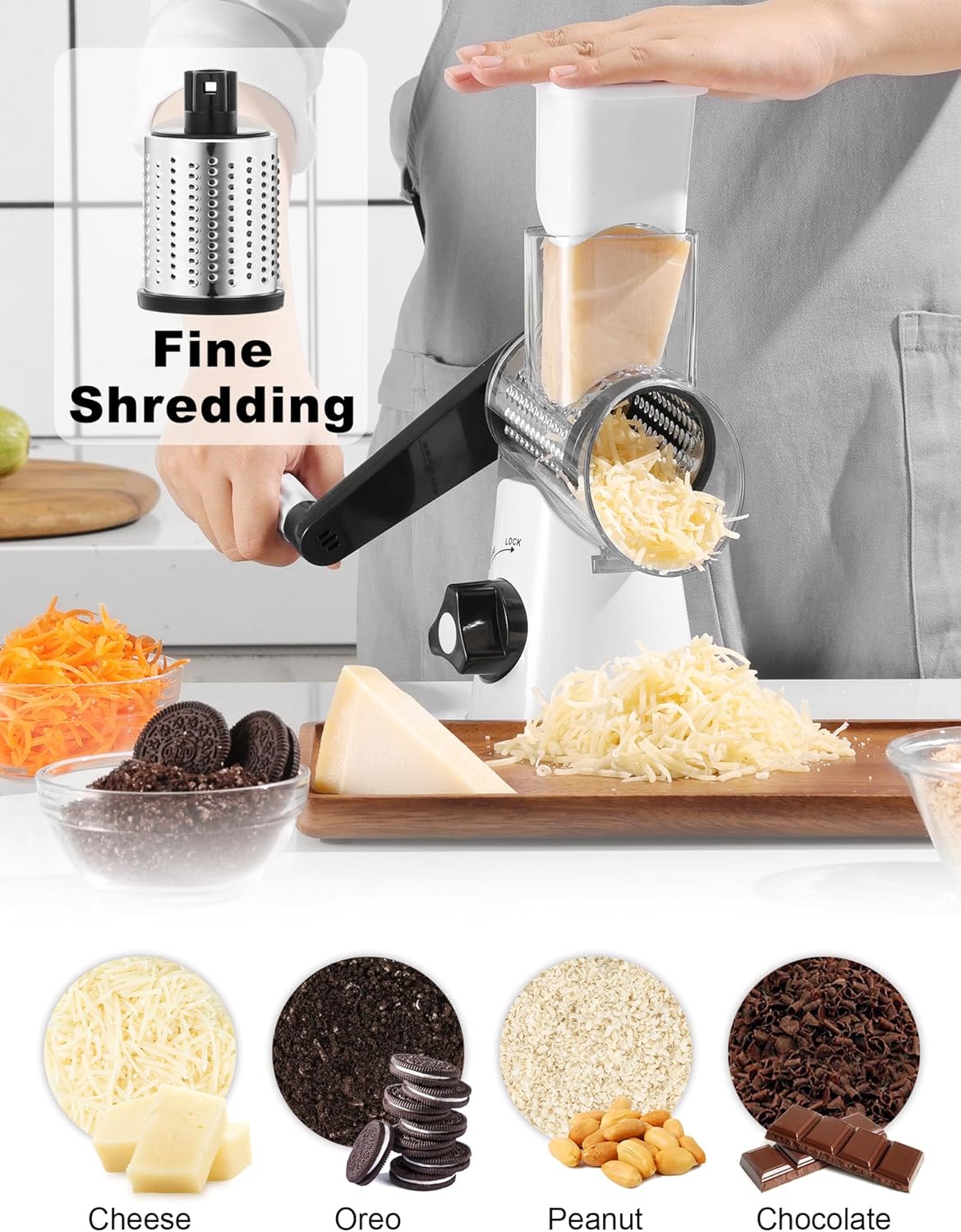 Cheese Grater Rotary, Rotary Grater for Kitchen, Kitchen Grater Vegetable Slicer with 3 Drum Blades, Fast Cutting Cheese Shredder for Vegetables and Nuts