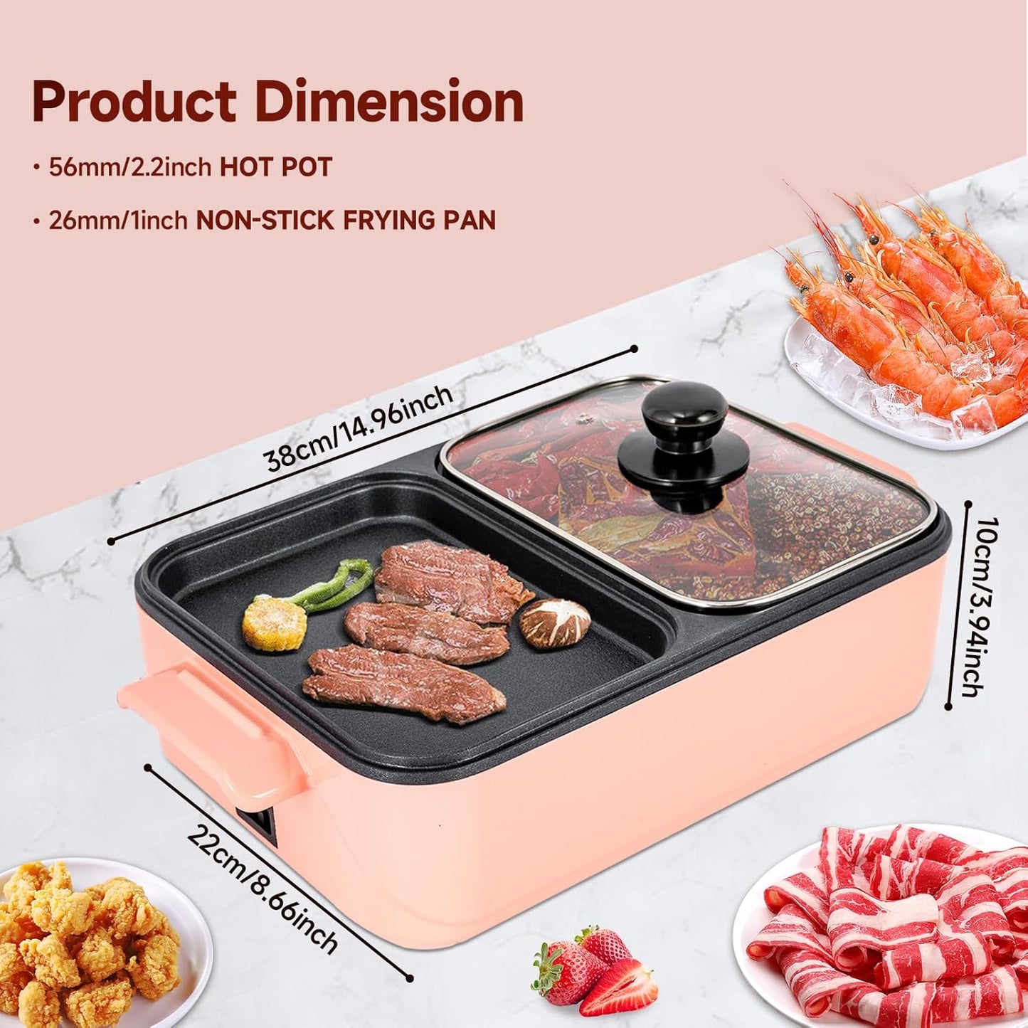 Hot Pot with Grill, Electric Hot Pot and Frying Pan, Shabu Shabu Pot with Grill, 2 in 1 Indoor NonStick Shabu Shabu Pot and Griddle, Dual Temperature Control, Fast Heating (Pink)
