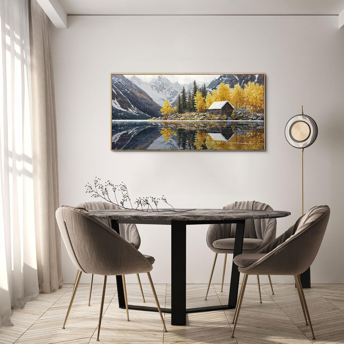 KLAKLA Living Room Wall Art - Tranquil Lake Cabin Orange Tree Forest Snowy Mountain Canvas Wall Decor Oversize Landscape Picture Framed Artwork for Bedroom Office Walls Home Decoration 40x20 Inches