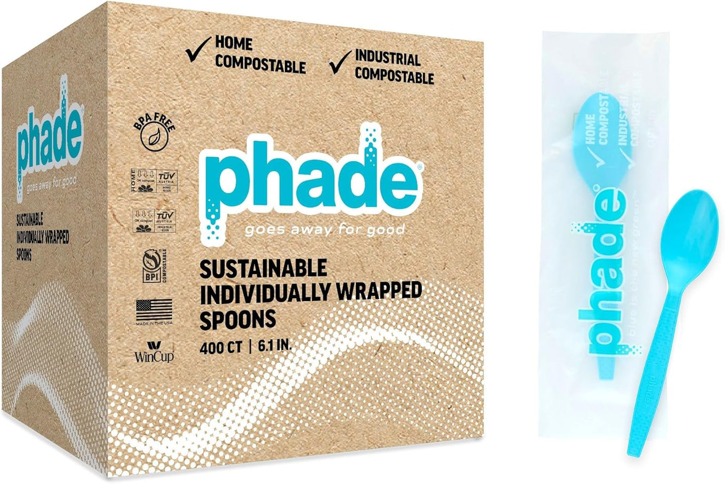 phade 100% Compostable Spoons – BPI Certified Wrapped Cutlery in Compostable Packaging, 400 Bulk Count, 6.1 Inch Sustainable Disposable Utensils for Home, Events, Takeout – Made in USA
