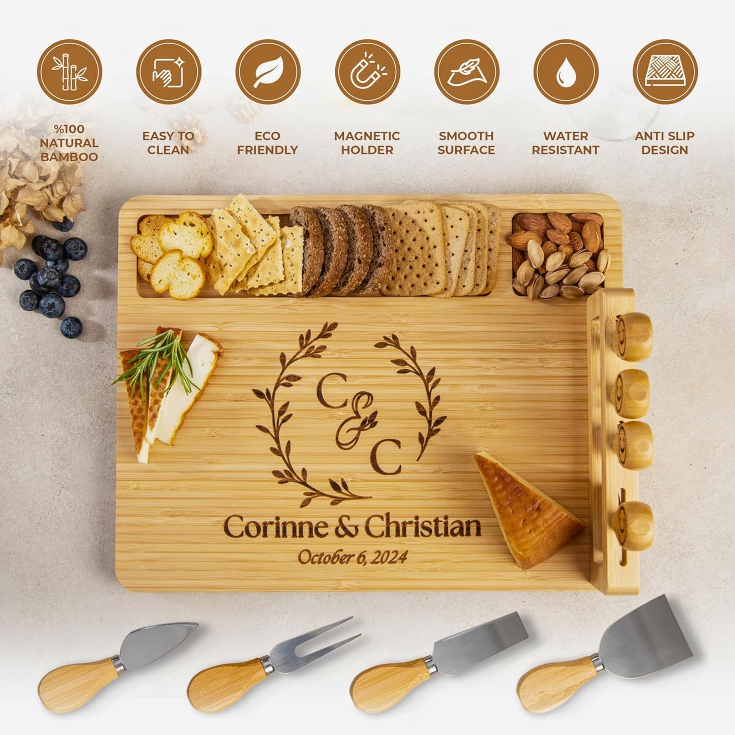 Personalized Bamboo Charcuterie Board & Cheese Board Set – Custom Wedding, Anniversary, Bridal Shower, Christmas, Housewarming Gifts for Couples, Birthday Gifts for Women, Farmhouse Kitchen Decor
