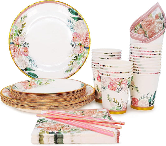 Floral Party Supplies paper plates and Napkins Sets for 24 Guest-Include Floral Disposable Paper Plates,Cups,Napkin forr Bridal Shower,Birthday,Wedding,Bachelorette party Supplies