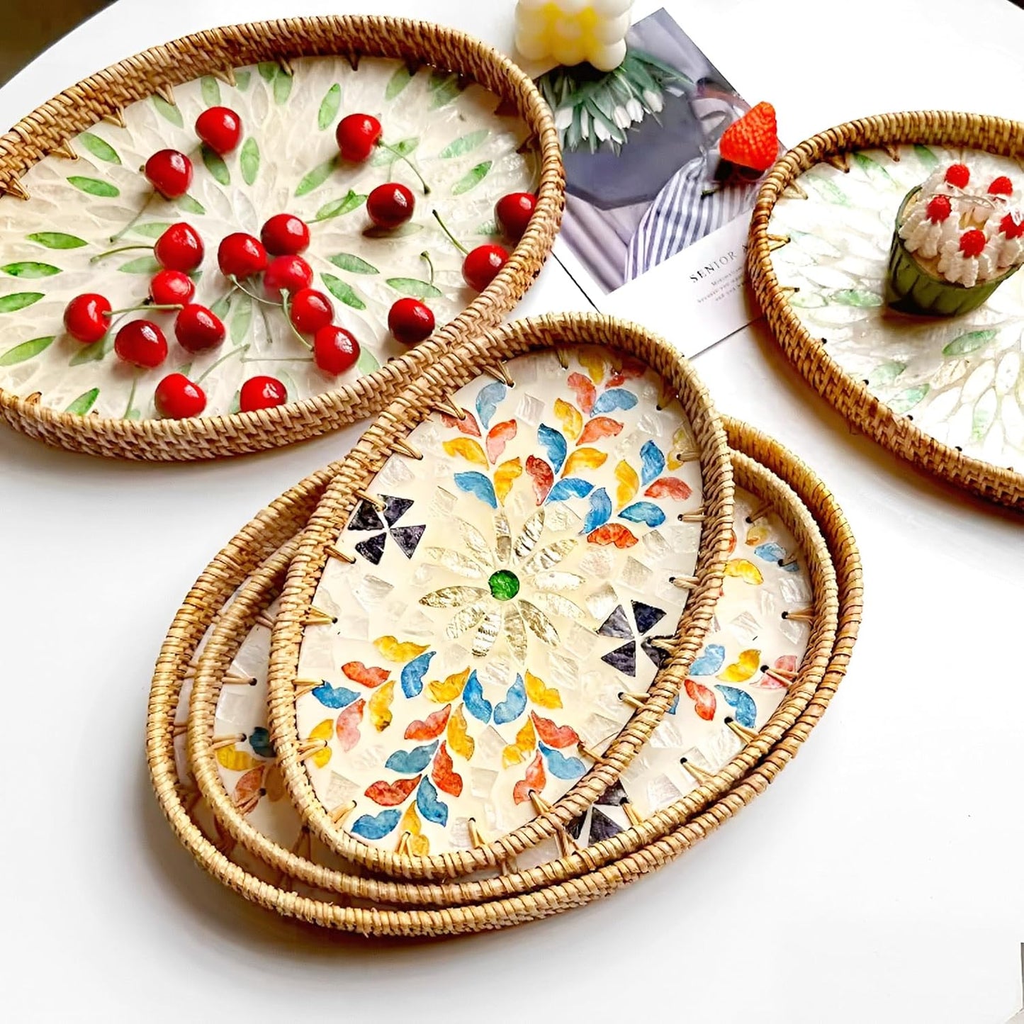 i-lan 3-Pack Oval Rattan Serving Trays with Mother of Pearl Inlay, 13/12/11 Inch Woven Platters for Home Decor, Coffee Table, Display, and Entertaining