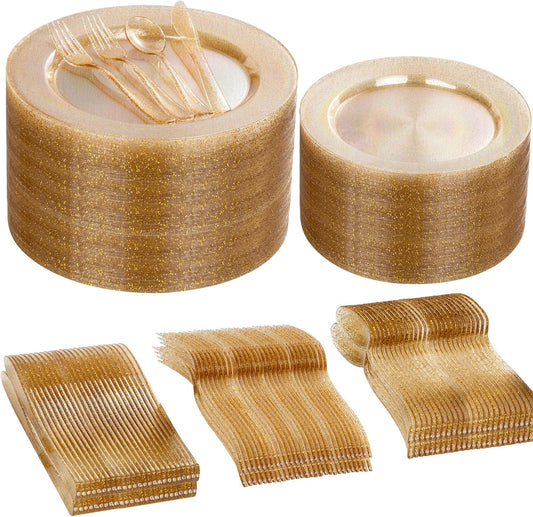 I00000 600Pcs Gold Glitter Plastic Plates for 100 Guests, Plastic Dinnerware Set of 100 Glitter Disposable Plates, 100 Dessert Plates, 200 Forks, 100 Knives and 100 Spoons Perfect for Party & Wedding
