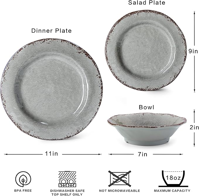 LEHAHA Farmhouse Melamine Dishes Dinnerware Set, 12 Piece Rustic Plates and Bowls Great for Picnic, Camping, Service for 4, Reusable and Dishwasher Safe, Indoor and Outdoor Use