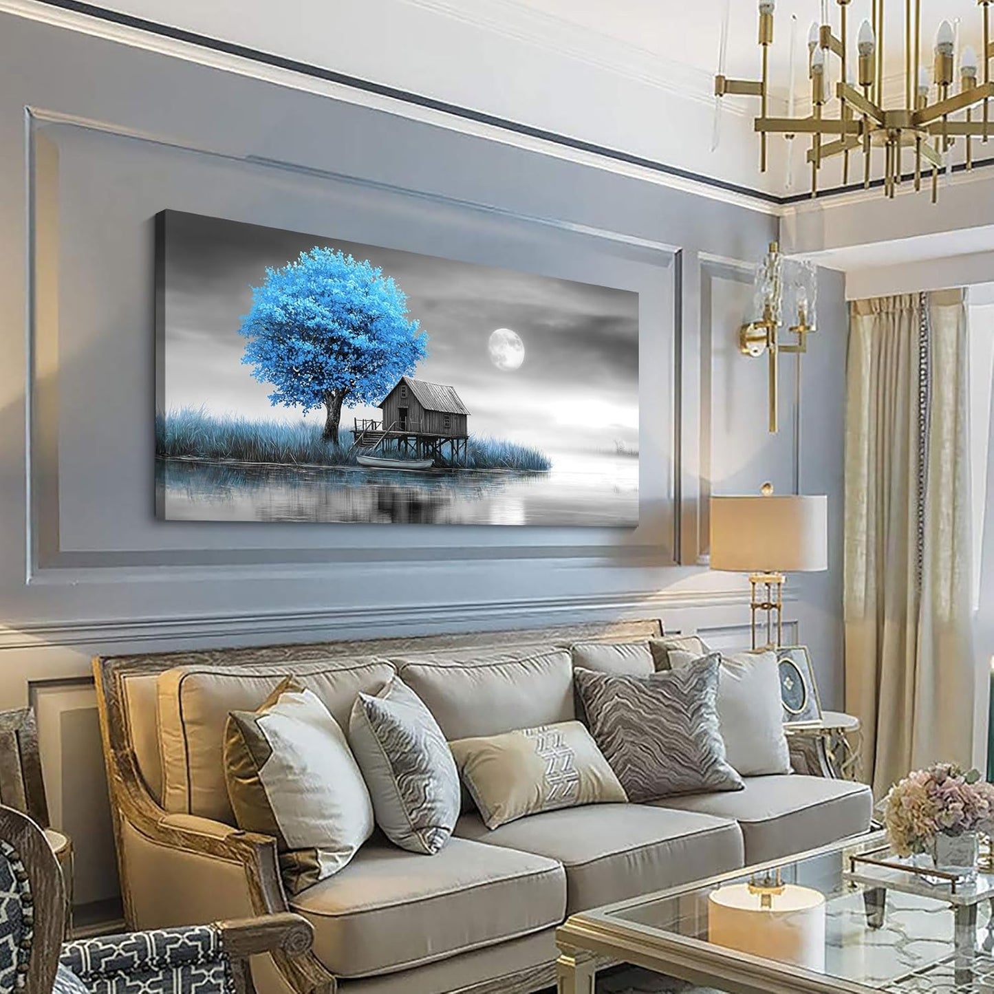 JEAWA Landscape Canvas Wall Art Decor - Blue Gray Wall Art for Bedroom Living Room Home Office, Winter Wall Art Canvas Paintings, Moon Pictures Wall Decor, Tree Art Wall Decor, 24x48 IN