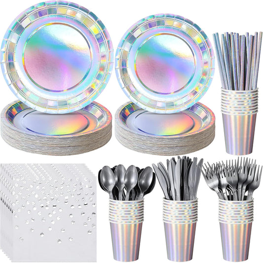 Iridescent Party Supplies Decorations, Holographic Paper Plates and Napkins Set, Disposable Iridescent Paper Plates Cups Knives Spoons Fork Straw for Mermaid Birthday Wedding Party, Serve 50