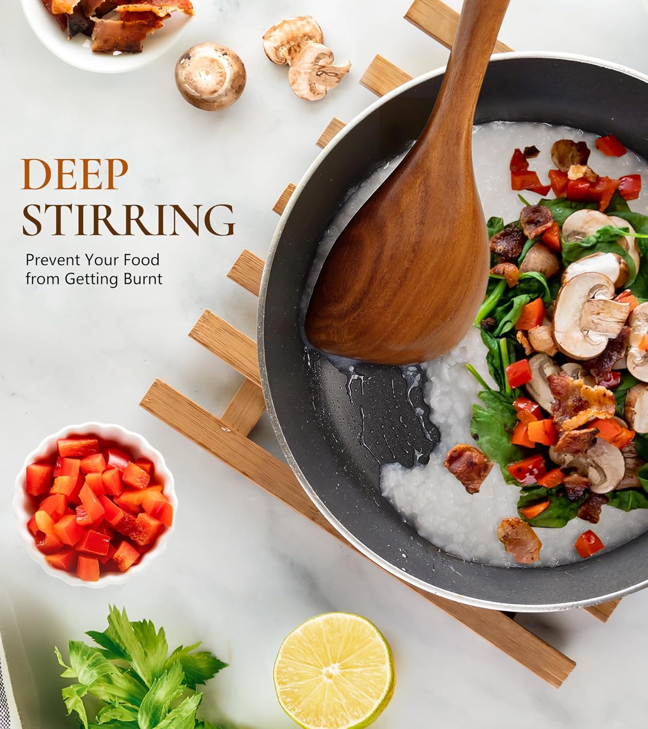 Wooden Spoons for Cooking, Natural Premium Teak Wood Corner Spoon, Good Grip Large Wooden Spoons & Wooden Spatula, Heat Resistant Wooden Cooking Utensils for Nonstick Cookware Cooking Gift - Left Hand