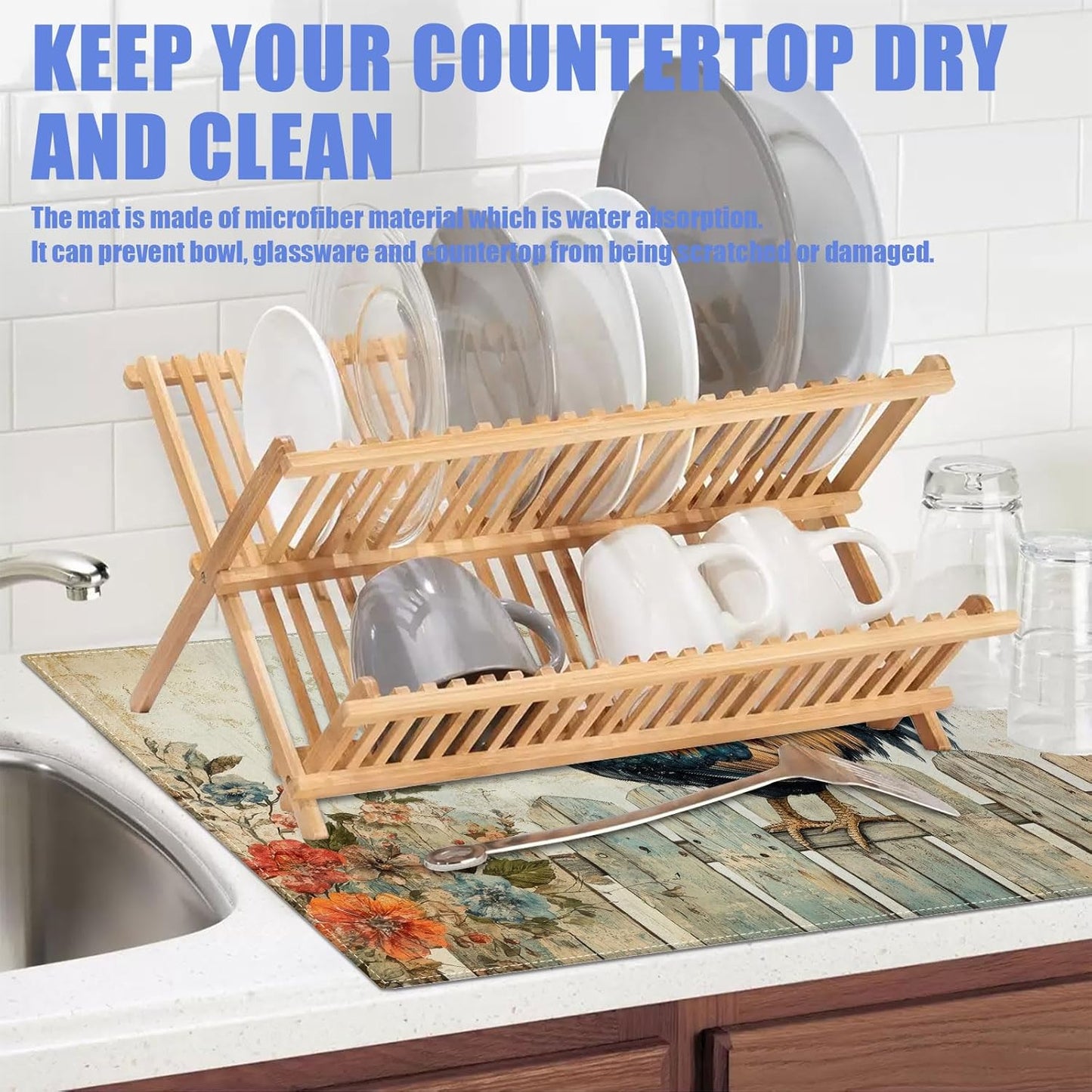 Vintage Rooster Dish Drying Mat for Kitchen Counter Farmhouse Drying Pad Absorbent Reversible Dish Drainer Rack Mats Draining Pad 18"x24"Inch