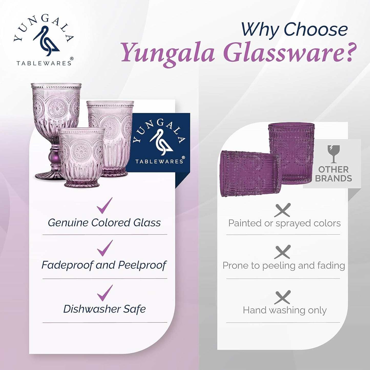 Yungala Purple Glassware, set of 6 purple drinking glasses small textured colored vintage glass cups 8 oz purple water glasses