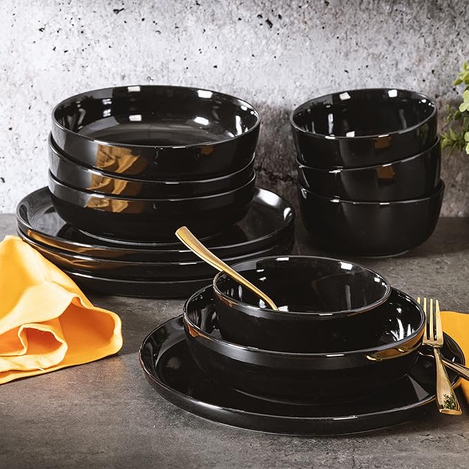 Gibson Home Oslo 12-Piece Porcelain Chip and Scratch Resistant Dinnerware Set, Service for 4 – Black Plates and Bowls, Microwave & Dishwasher Safe