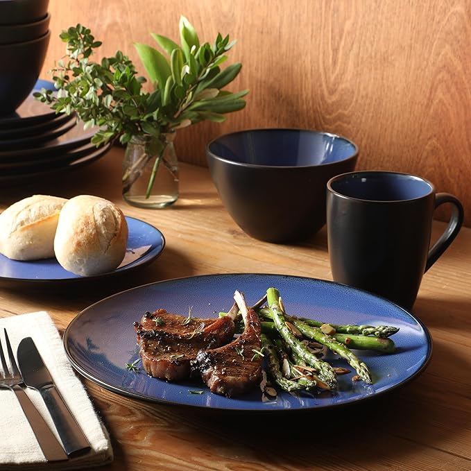 Gibson Elite Soho Lounge Round Reactive Glaze Stoneware Dinnerware Set, Service for 4 (16pc), Blue, Soho Round.