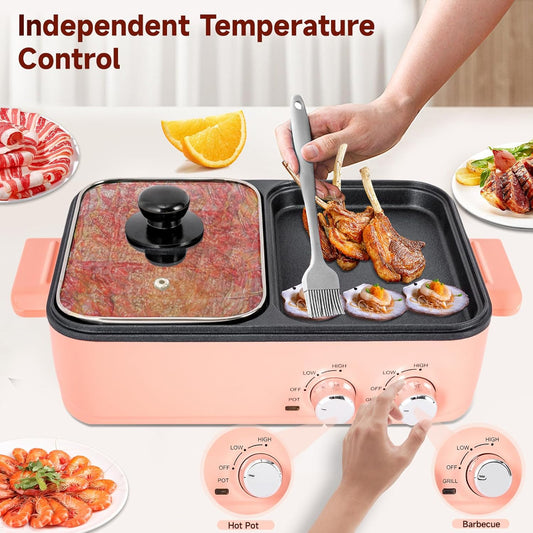 Hot Pot with Grill, Electric Hot Pot and Frying Pan, Shabu Shabu Pot with Grill, 2 in 1 Indoor NonStick Shabu Shabu Pot and Griddle, Dual Temperature Control, Fast Heating (Pink)