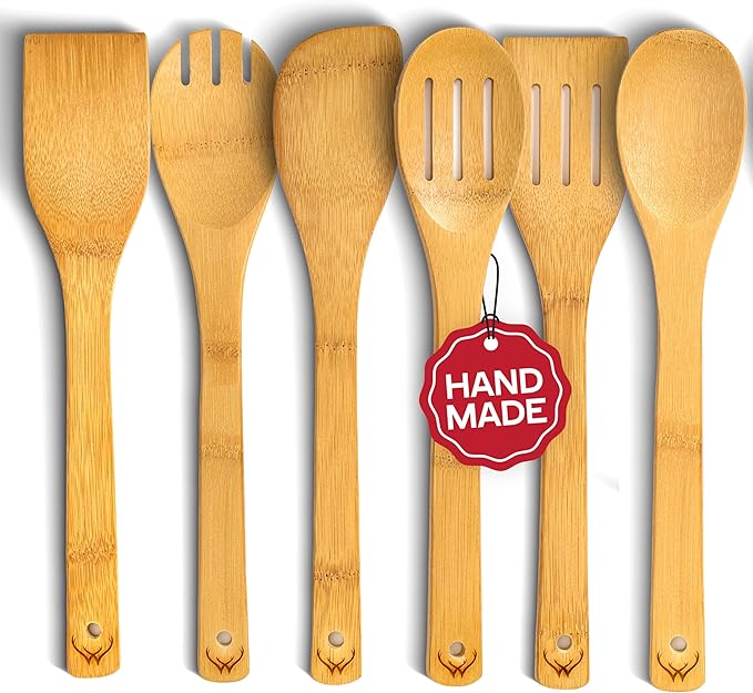 Wooden Spoons for Cooking - 6-Piece Wooden Utensil Set with Spatulas & Spoons, Heat-Resistant, Eco-Friendly Kitchen Utensils for Non-Stick Cookware