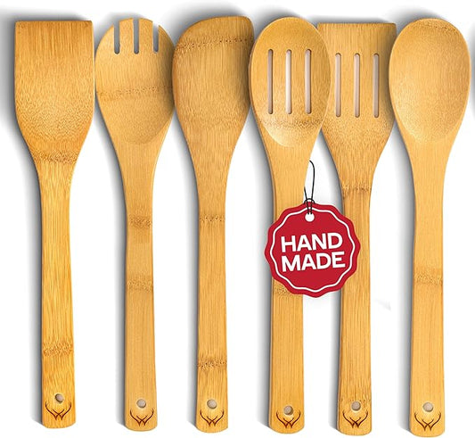 Wooden Spoons for Cooking - 6-Piece Wooden Utensil Set with Spatulas & Spoons, Heat-Resistant, Eco-Friendly Kitchen Utensils for Non-Stick Cookware