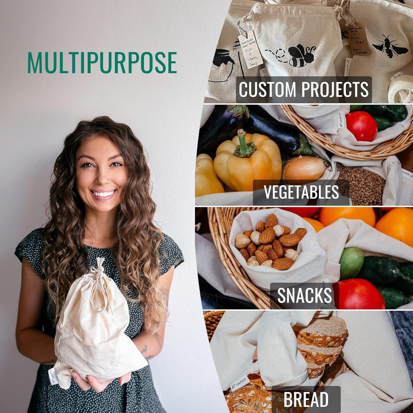 LEAFICO Muslin Cloth Bags with Drawstrings - Set of 8 (S, M, L, XL) - Reusable Natural Cotton Bags for Bulk Food Storage - Canvas Fabric Sachets