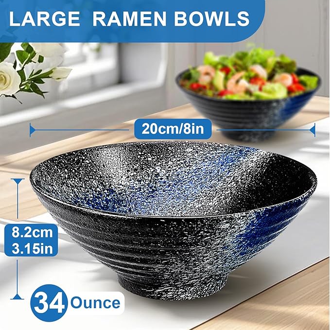 8-Inch Ceramic Ramen Bowl Set of 2 (9 Piece) - Porcelain Japanese Salad Noodles Cereal Fruit Pasta Soup Large Bowls with Recipes Chopsticks Forks Spoons for Men Women Gift Microwave & Dishwasher Safe